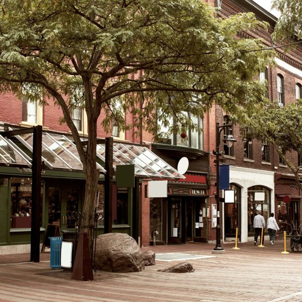 Retail stores and restaurants along pedestrian shopping mall, Church Street Marketplace, in Burlington, Vermont. USA
